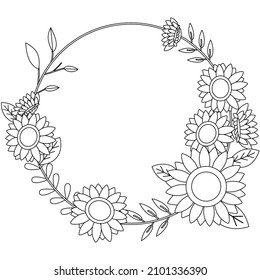 Sunflower wreath in  line drawing with Minimalist art style. Vector illustration.