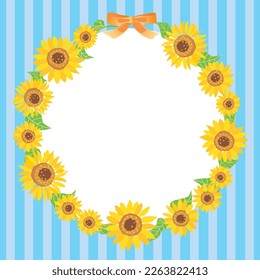 Sunflower wreath with ribbon on blue striped background. Vector illustration.