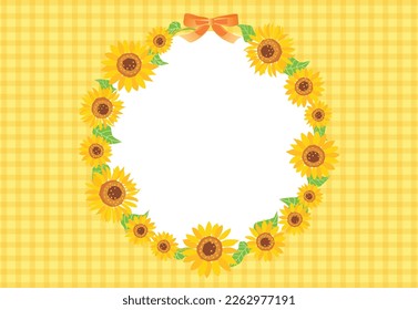 Sunflower wreath with ribbon on yellow checked background. Vector illustration.