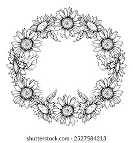 Sunflower Wreath. Round Flower Frame painted by black inks. Floral sketch in outline style. Vector monochrome illustration with line art flowers