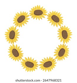 Sunflower wreath. Sunflowers harvest circle frame. Round frame with sunflowers in flat cartoon style for seasonal greeting cards, invitations, postcards, and packaging design. Vector design.