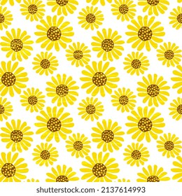 Sunflower yellow on white background with texture, seamless vector pattern. Hand drawn flat sunflower illustration. Summer floral design.