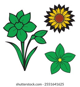  A sunflower with yellow petals, a brown center, and a black outline.