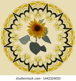 
The sunflower is a yellow-orange flower, against the background of a mandala in yellow-black tones. Stylish postcard in calm natural shades. An excellent color spot for the interior. 