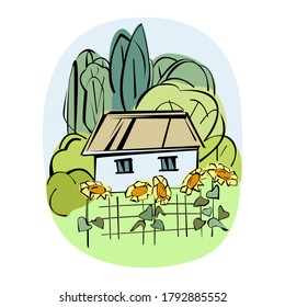 Sunflowers against the background of a small white house (Ukrainian Hut). Poplars, willows in the background. Vector illustration.