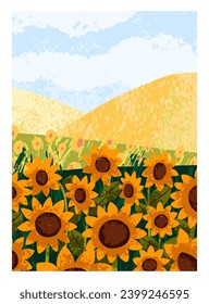 Sunflowers, agriculture field card. Summer nature background. Vertical rural countryside landscape poster with sun flowers. Summertime scenery, floral plants on hills. Flat vector illustration
