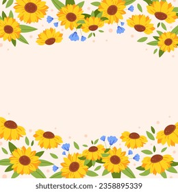 Sunflowers background. Sunflowers frame. Vector illustration in flat style