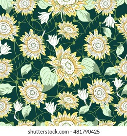 Sunflowers background. Seamless pattern with flowers of a sunflower on a green background. Autumn flowers. Harvest sunflower.