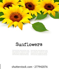 Sunflowers Background With Sunflower And Leaves. Vector.