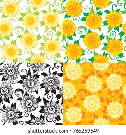 Sunflowers backgrounds. Vector seamless patterns with  sunflowers. Four kind of colors