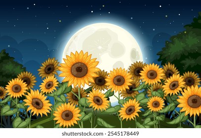 Sunflowers basking in moonlight with a starry sky