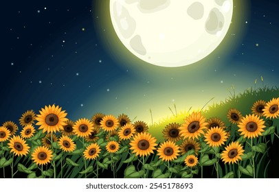 Sunflowers basking in moonlight under a starry sky