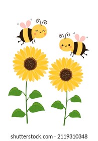 Sunflowers and bee cartoons isolated on white background vector illustration. Nursery wall decoration.  