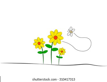 Sunflowers and bee flying for decoration background, vector illustration