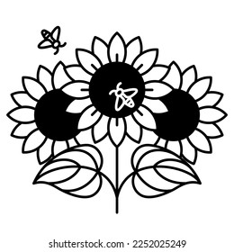 Sunflowers with bees icon. Composition with agricultural plants, pollinators, sunny blooms, leaves. Creative botanical illustration for honey, oil, flower shop. Editable thin strokes