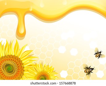 Sunflowers and bees on honey background 