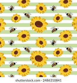 Sunflowers and bees on a striped background.Vector seamless pattern with sunflowers and bees on a green striped background.