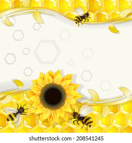 Sunflowers and bees over honeycombs background 