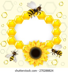 Sunflowers and bees over honeycombs background