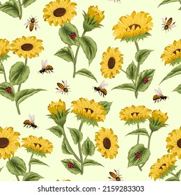 Sunflowers and bees in a pattern.Vector pattern with sunflowers, bees and ladybugs on a colored background.