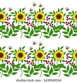 Sunflowers and bees seamless border texture background white, vector illustration