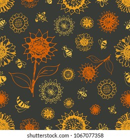Sunflowers and bees seamless pattern contour vector illustration hand drawing