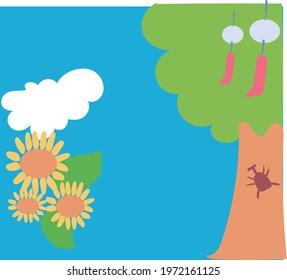 Sunflowers, beetles and trees in the summer sky