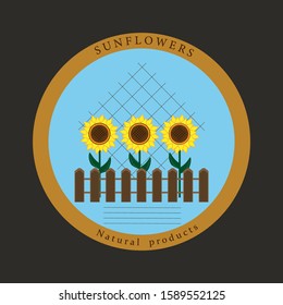 Sunflowers behind the fence, blue background, flowers, logo, vector, with text