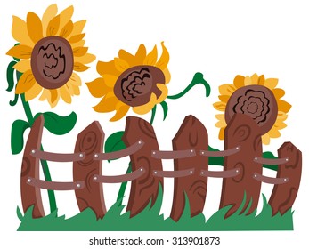 sunflowers behind fence cartoon