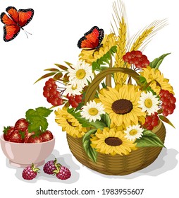 Sunflowers and berries in the illustration.Basket with sunflowers and berries on a white background in vector illustration.