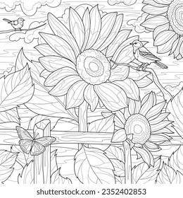 Sunflowers and birds.Coloring book antistress for children and adults. Illustration isolated on white background.Hand draw - Shutterstock ID 2352402853