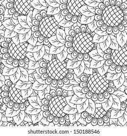Sunflowers black and white seamless background. Hand drawing vector illustration