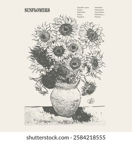 Sunflowers Black-and-white Impressionistic Depiction, monochrome flowers graphics. summer t-shirt prints. vintage graphics art. girls boys men's women's fashion design. flowers poster in-vector