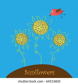 sunflowers blue background bird vector illustration