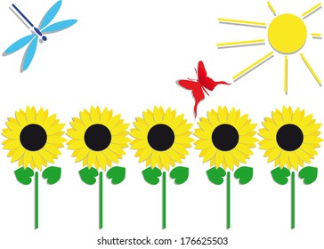 sunflowers and blue dragonfly and red butterfly