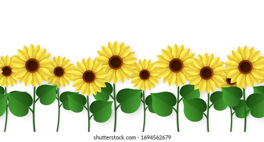 Borde de girasoles. Flores de sol y hojas horizontales, estilo rústico de papel florido, decoración floral, marco vectorial amarillo