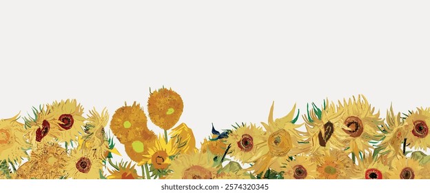 Sunflowers border Van Gogh's artwork sticker, isolated vector element. Van Gogh's sunflower, yellow flower border. Vintage art drawing illustration, old painting art print.