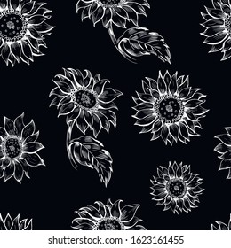 Sunflowers , botanical vector chalk seamless pattern on black background. Concept for print, wrapping paper, wallpaper 