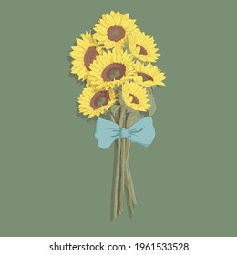 sunflowers bouquet with blue bow  wrap on green background, vector illustration, hand drawn vintage style, for cards, invitation, poster, collage, design elements , wedding and more.