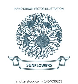Sunflowers bouquet.  Hand drawn vector antique engraving style illustration. Black and white vintage sketch of a sunflower. Linear art. Tattoo blooming sunflowers. Part of set.