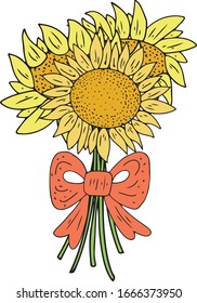 Sunflowers bouquet with red ribbon