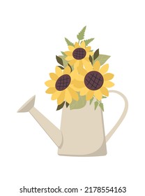Sunflowers bouquet in watering can dor autumn design