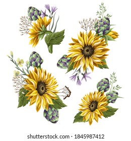 Sunflowers bouquet with wild flower and artichoke isolated