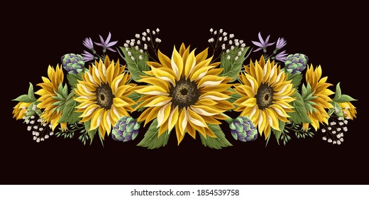 Sunflowers bouquet with wild flower and artichoke isolated