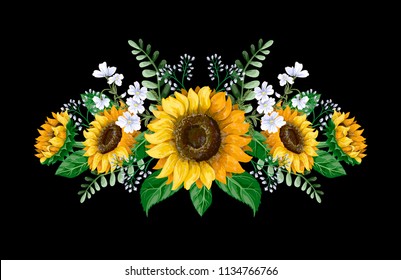Sunflowers bouquet with wild flower isolated. Vector illustration.