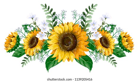 Sunflowers bouquet with wild flower isolated.