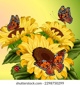 Sunflowers and bright butterflies.Vector illustration with bright butterflies and yellow sunflowers on a colored background.