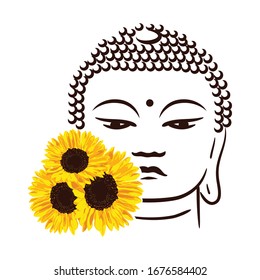 Sunflowers and Buddha head, vector