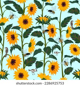 Sunflowers. Buds, stems, foliage, flowers. Sparrows, bees and wasps. Seamless pattern, print