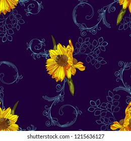Sunflowers with bumblebee seamless pattern.Hand drawn artwork vector floral background.